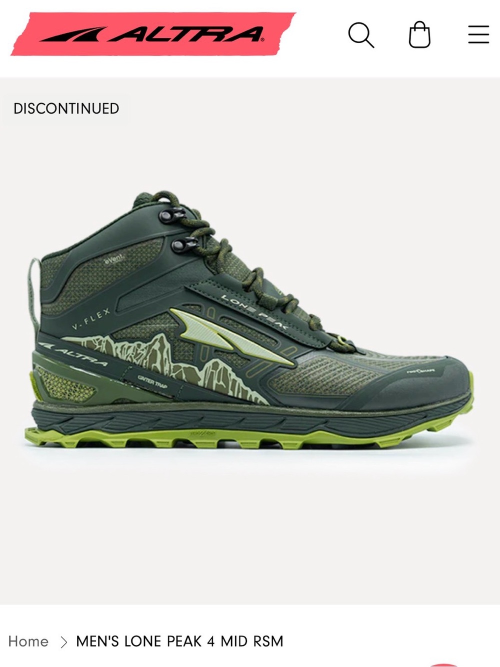 Altra Men's Lone Peak 4 Mid RSM Trail Shoe - Olive Green size 11